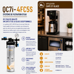 Water filtration system promotional graphic for the QC7i-4FC5S system, featuring a white canister filter on the left, a coffee machine with ice dispenser on the right, French marketing text, icons, and specifications on a light gray background.
