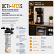 Pentair EverBrite QC7i-4FC5S Water Filtration System promotional graphic showing the filter system, a coffee and ice machine setup, and feature callouts on a white background.