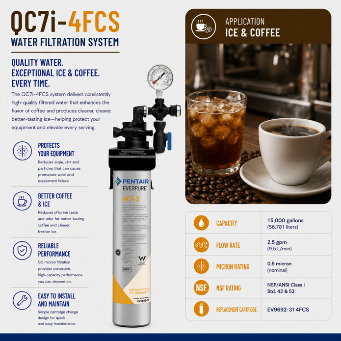 Pentair Everspire QC7i-4FCS Water Filtration System promotional graphic. The left side features a detailed product diagram of the cylindrical water filter with a blue, white, and yellow design, accompanied by feature icons and text.