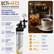 Pentair Everspire QC7i-4FCS Water Filtration System promotional graphic. The left side features a detailed product diagram of the cylindrical water filter with a blue, white, and yellow design, accompanied by feature icons and text in French