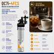Pentair Everspire QC7i-4FCS Water Filtration System promotional graphic. The left side features a detailed product diagram of the cylindrical water filter with a blue, white, and yellow design, accompanied by feature icons and text.