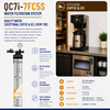 A promotional infographic for the QC7i-7FC5S water filtration system, featuring a product spec callout on the left, marketing benefits in the center, and an application photo of filtered coffee and ice on the right.