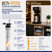 Water filtration system promotional graphic for the QC7i-7FCS5 model. The image features a silver and white canister filter on the left, a black coffee machine on a countertop on the right, and various French marketing text overlays, specifications, and certification logos on a light gray background.