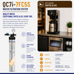 A promotional infographic for the QC7i-7FC5S water filtration system, featuring a product spec callout on the left, marketing benefits in the center, and an application photo of filtered coffee and ice on the right.