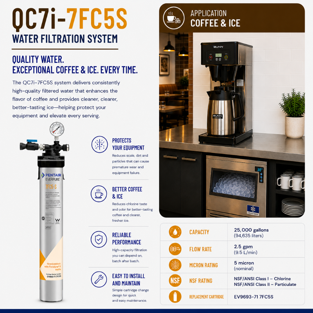 A promotional infographic for the QC7i-7FC5S water filtration system, featuring a product spec callout on the left, marketing benefits in the center, and an application photo of filtered coffee and ice on the right.