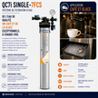 Pentair Euphoric QC71 Single-7FCS water filtration system shown with a coffee and glass application graphic, featuring the cylindrical filter unit, product features icons, specifications, and a photo of coffee being brewed into a cup.