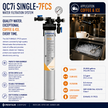 Pentair Everpure QC7i Single-7FCS Water Filtration System infographic on a white background, featuring a central filter cartridge, a coffee machine in use, and technical specifications on the right.