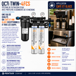 Pentair Everpure QC71 Twin-4FCS water filtration system promotional graphic showing two black filter housings with white and blue branding, plus French marketing text, icons, and a small cafe interior application photo on a light gray background.