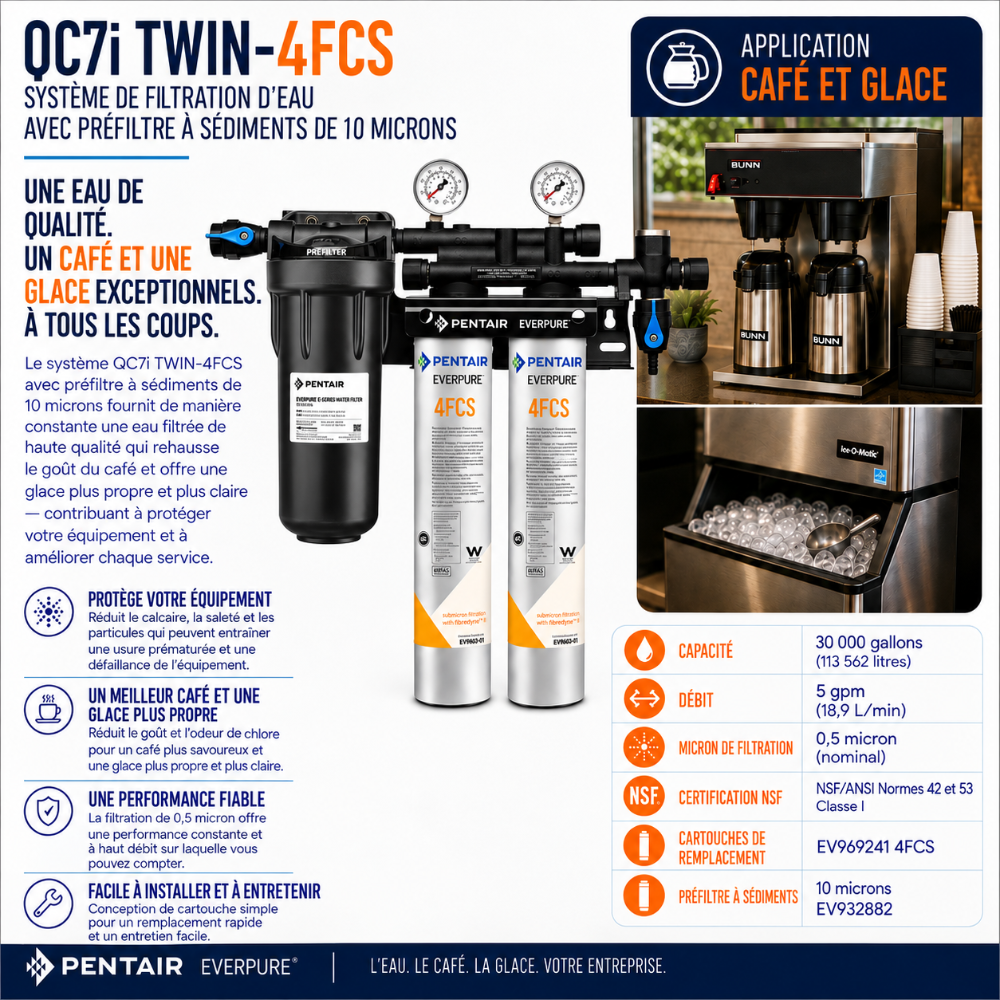 Pentair Everpure QC71 Twin-4FCS water filtration system promotional graphic showing two black filter housings with white and blue branding, plus French marketing text, icons, and a small cafe interior application photo on a light gray background.