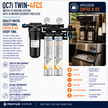 Pentair Everpure QCI7 Twin-4FCS water filtration system with three filter cartridges, shown alongside a coffee and ice machine and a feature list on a white background.