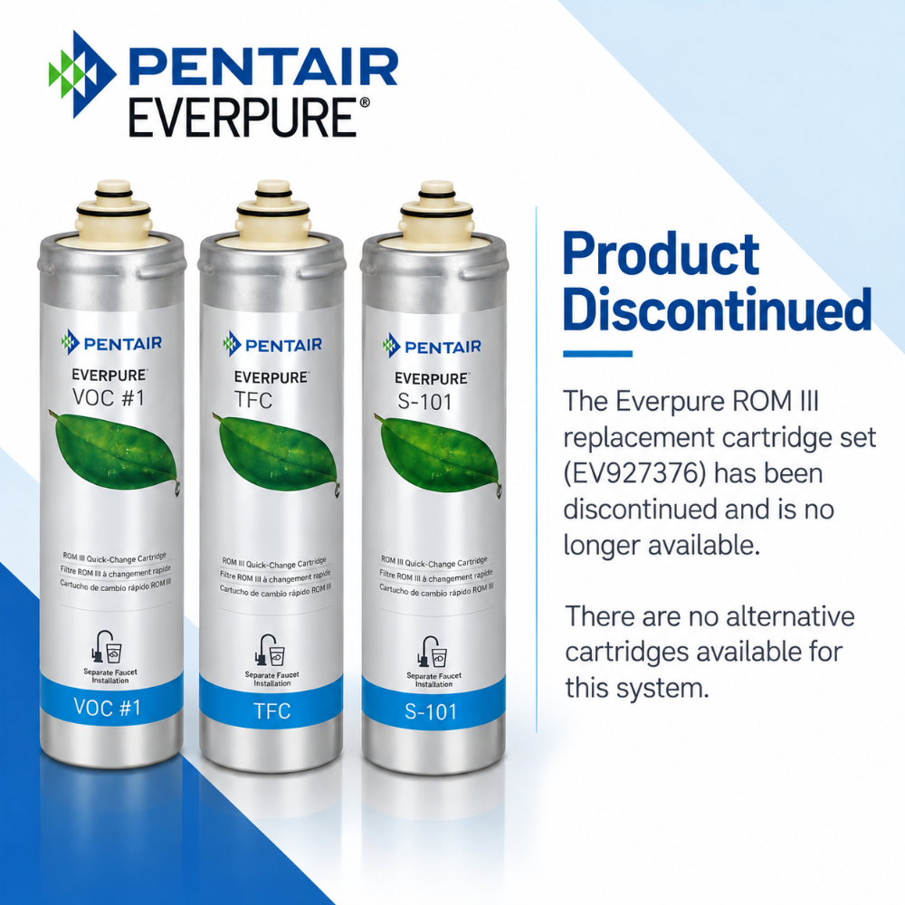 Three Pentair Everpure VOC #1, TFC, and S-101 replacement cartridge filters shown on a white and blue background with text stating the product is discontinued.