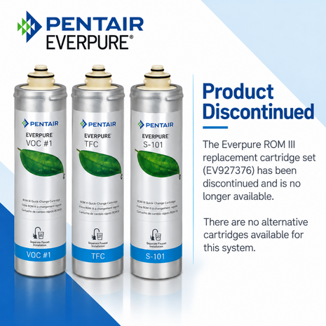 Three Pentair Everpure VOC #1, TFC, and S-101 replacement cartridge filters shown on a white and blue background with text stating the product is discontinued.