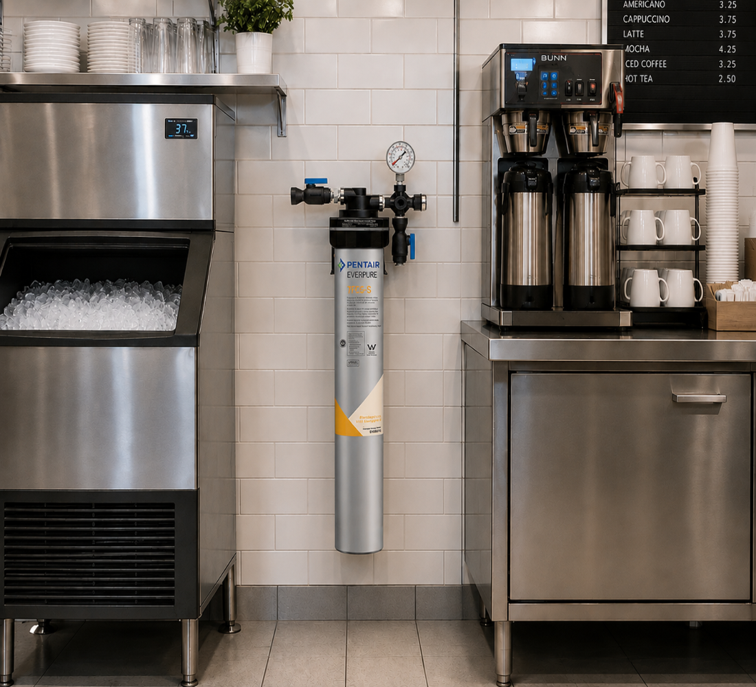 A commercial kitchen scene showing a Pentair water filter mounted on a white tiled wall between a stainless steel ice machine on the left and a coffee station on the right.
